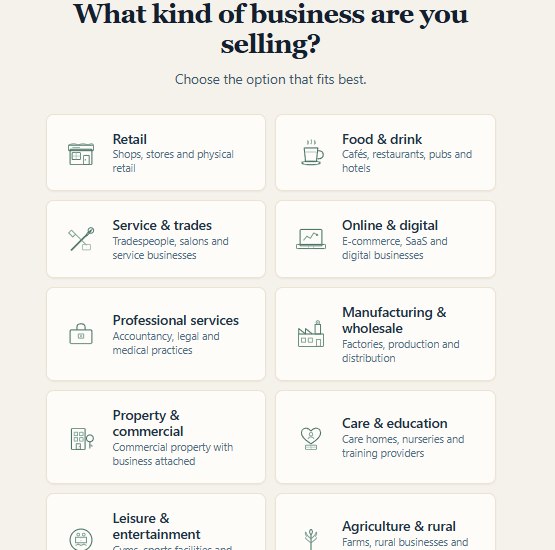 The first step of the Fair Handover listing builder, choosing a business type from a set of simple options.