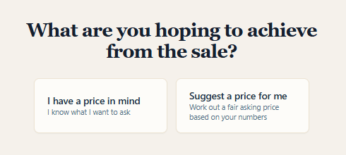 The asking price step, offering a choice between entering your own price or letting Fair Handover suggest one.
