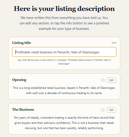 The description step showing the listing Fair Handover has written from the seller's answers, ready to edit in sections.