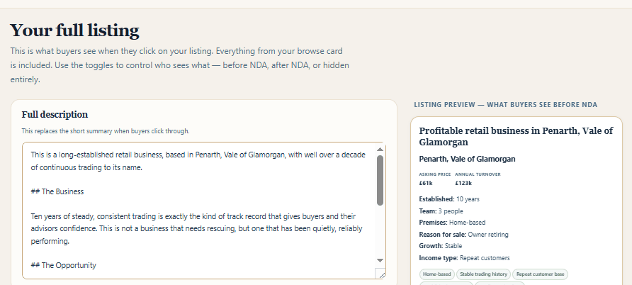 The listing builder's privacy toggles, letting the seller choose for each detail whether it is shown to everyone, only after the NDA, or hidden.