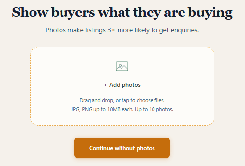 The photos step of the listing builder, where the seller adds up to ten images of the business.