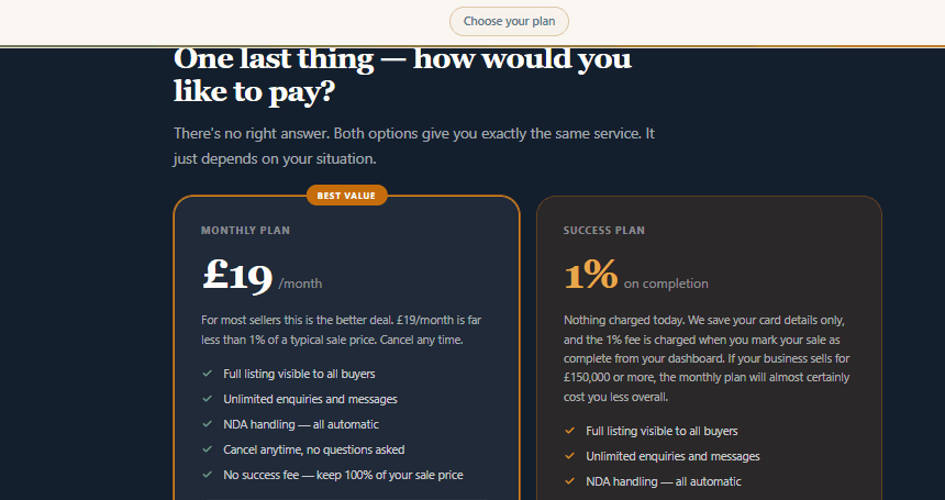 The pricing step, choosing between a £19 a month plan with no success fee or paying 1% only on completion.